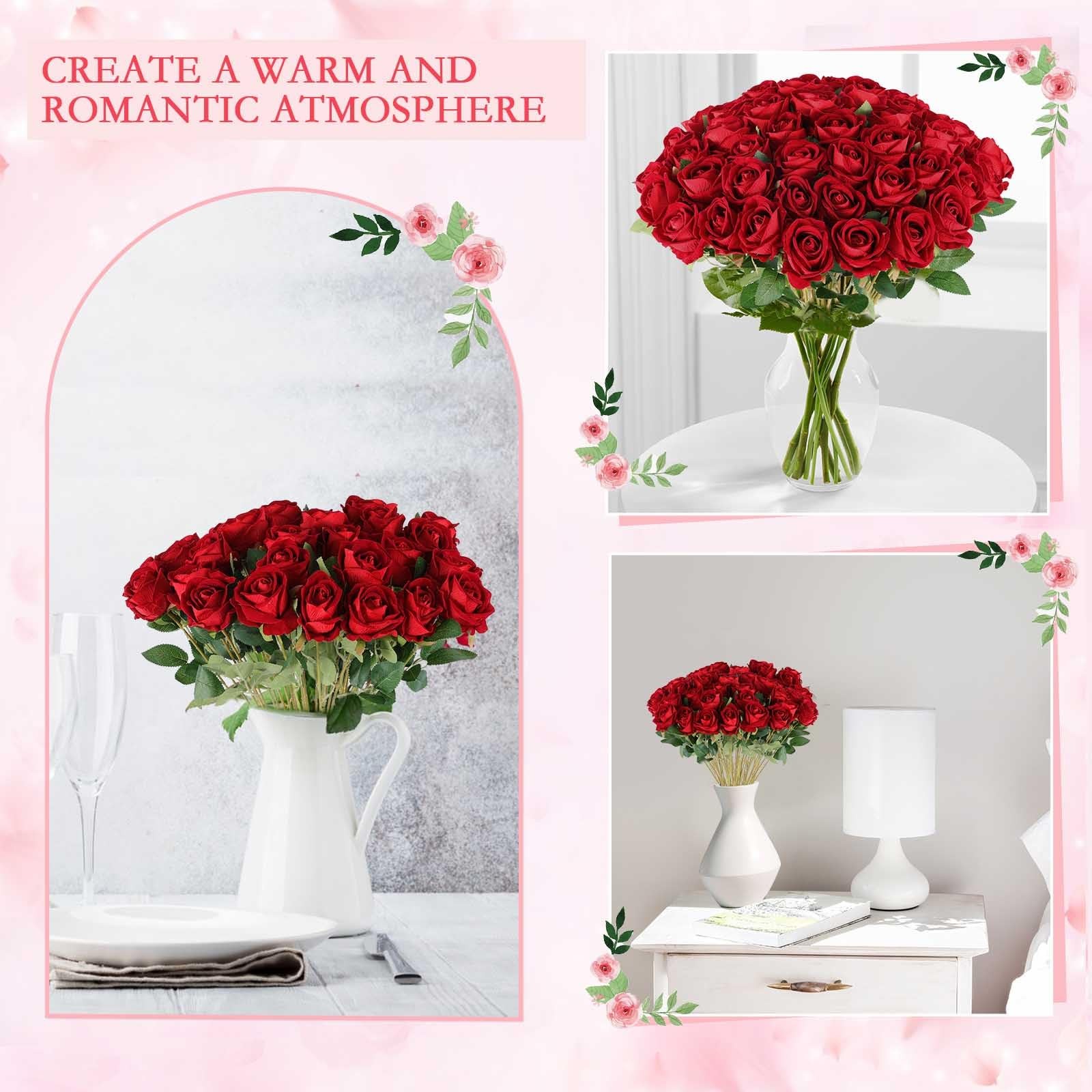 50 Artificial Roses in Bulk, Fake Velvet Silk Burgundy Roses Realistic Red Ro…