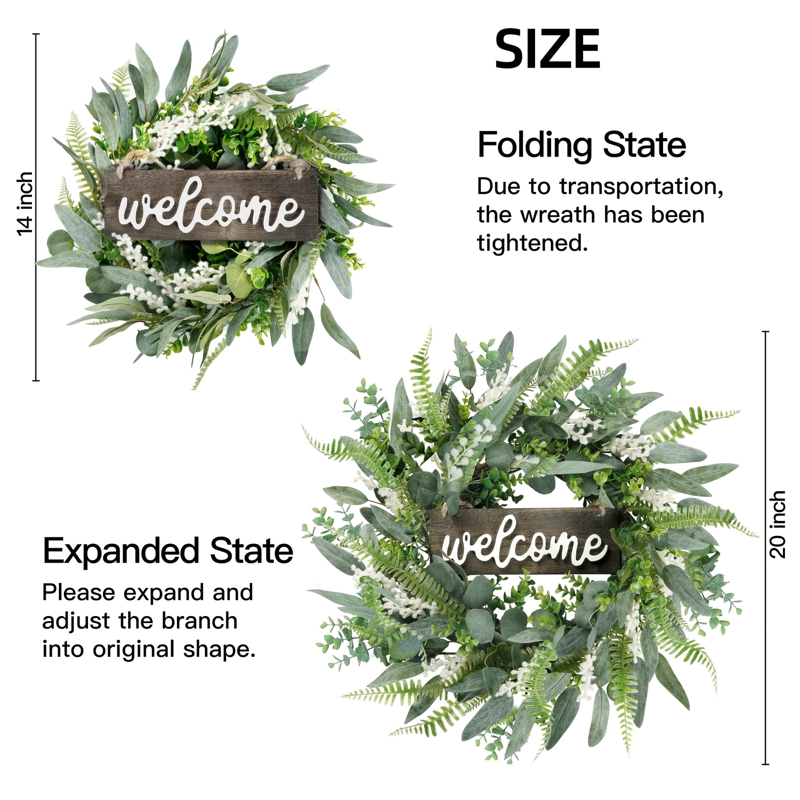 Sggvecsy Green Artificial Eucalyptus Wreath with Welcome Sign 20in Mixed Whit…