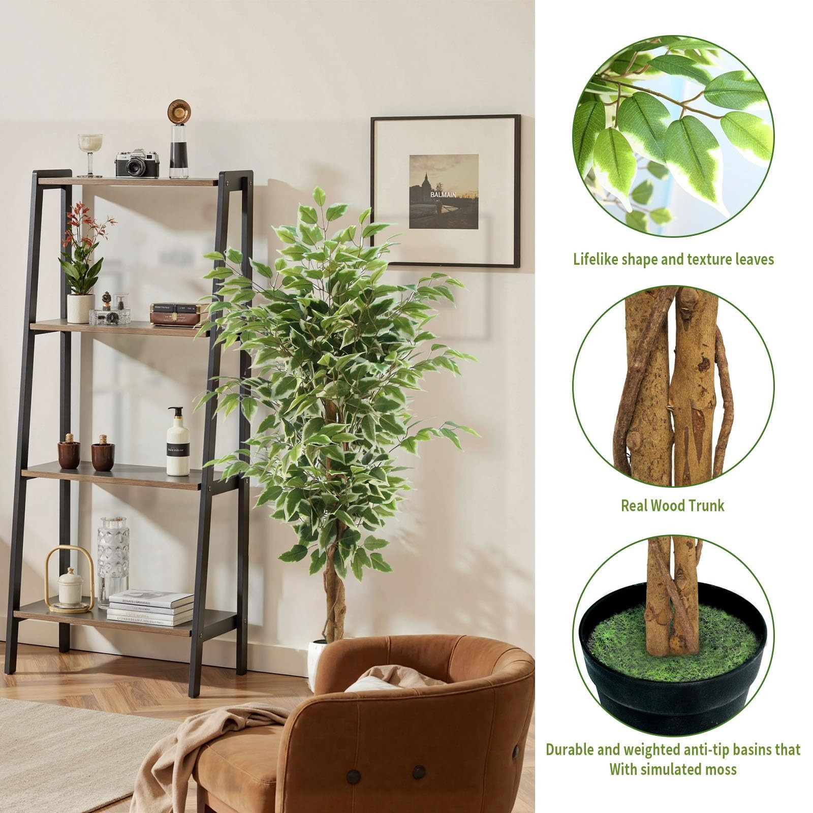 Ficus Tree Artificial, 4FT Realistic Fake Tree for Indoor, Faux Ficus Tree wi…