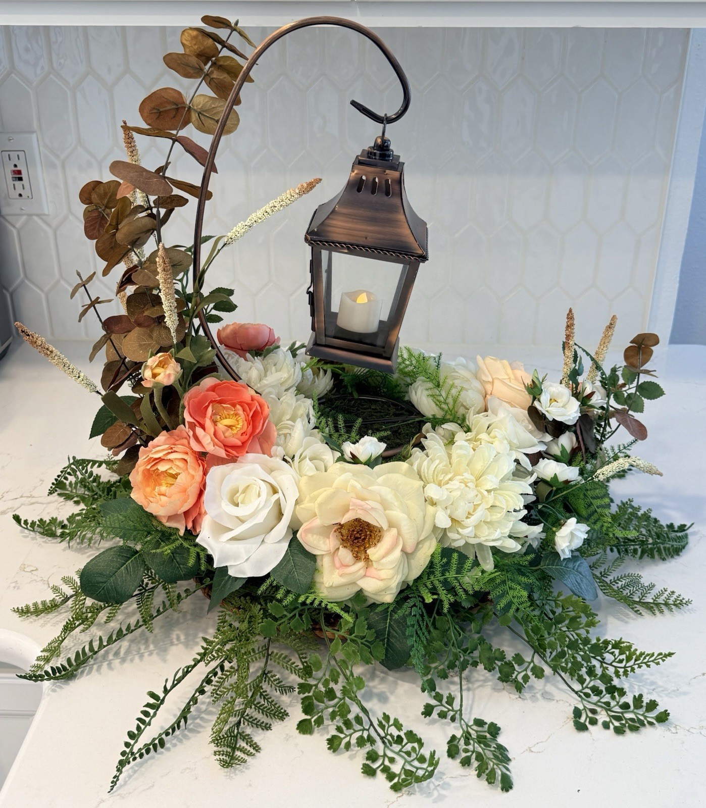 Artificial Lantern Floral Centerpiece Arrangement, Rose Eucalyptus Fern Green