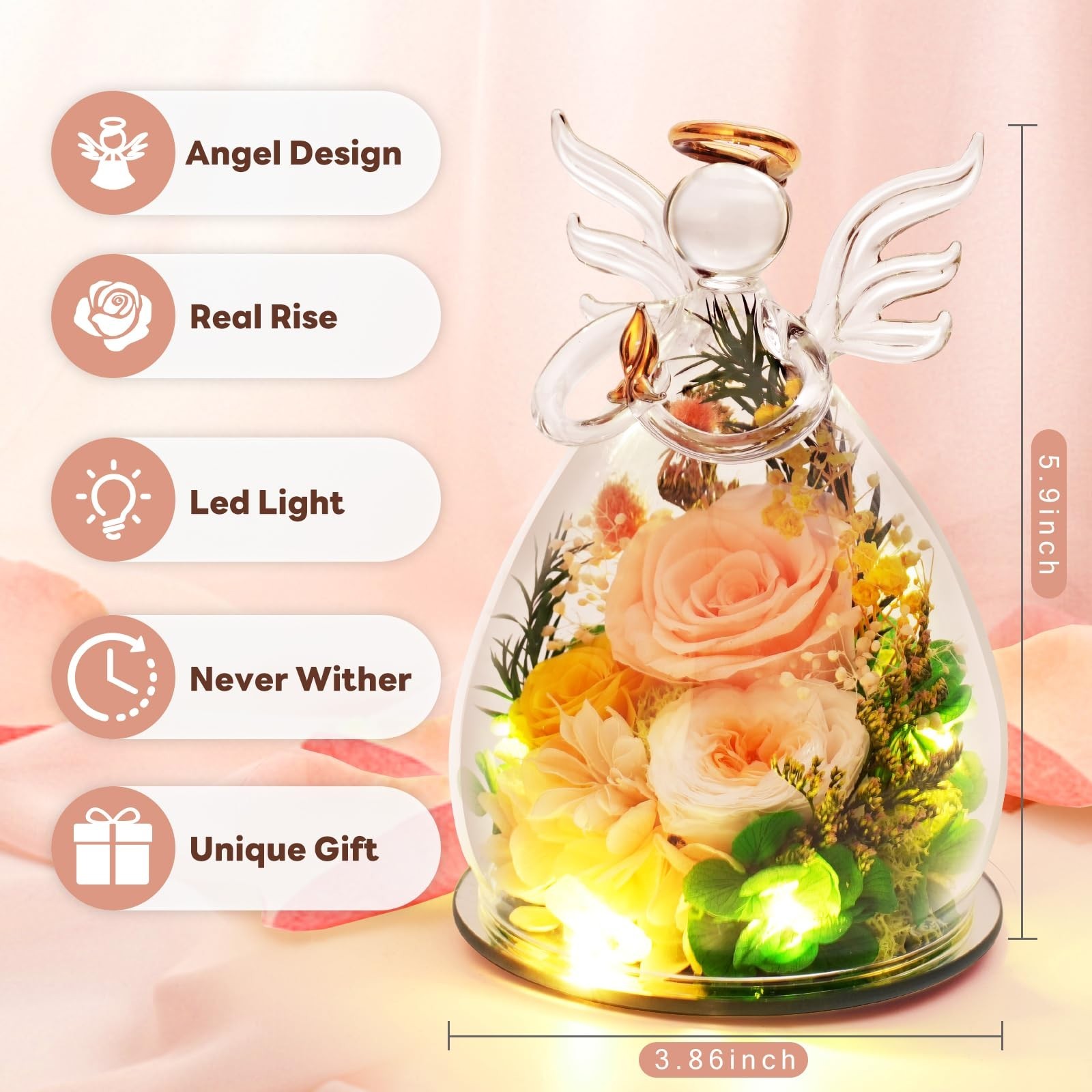 Gifts for Mom Birthday Gifts for Women, Preserved Rose in Glass Angel Figurines,