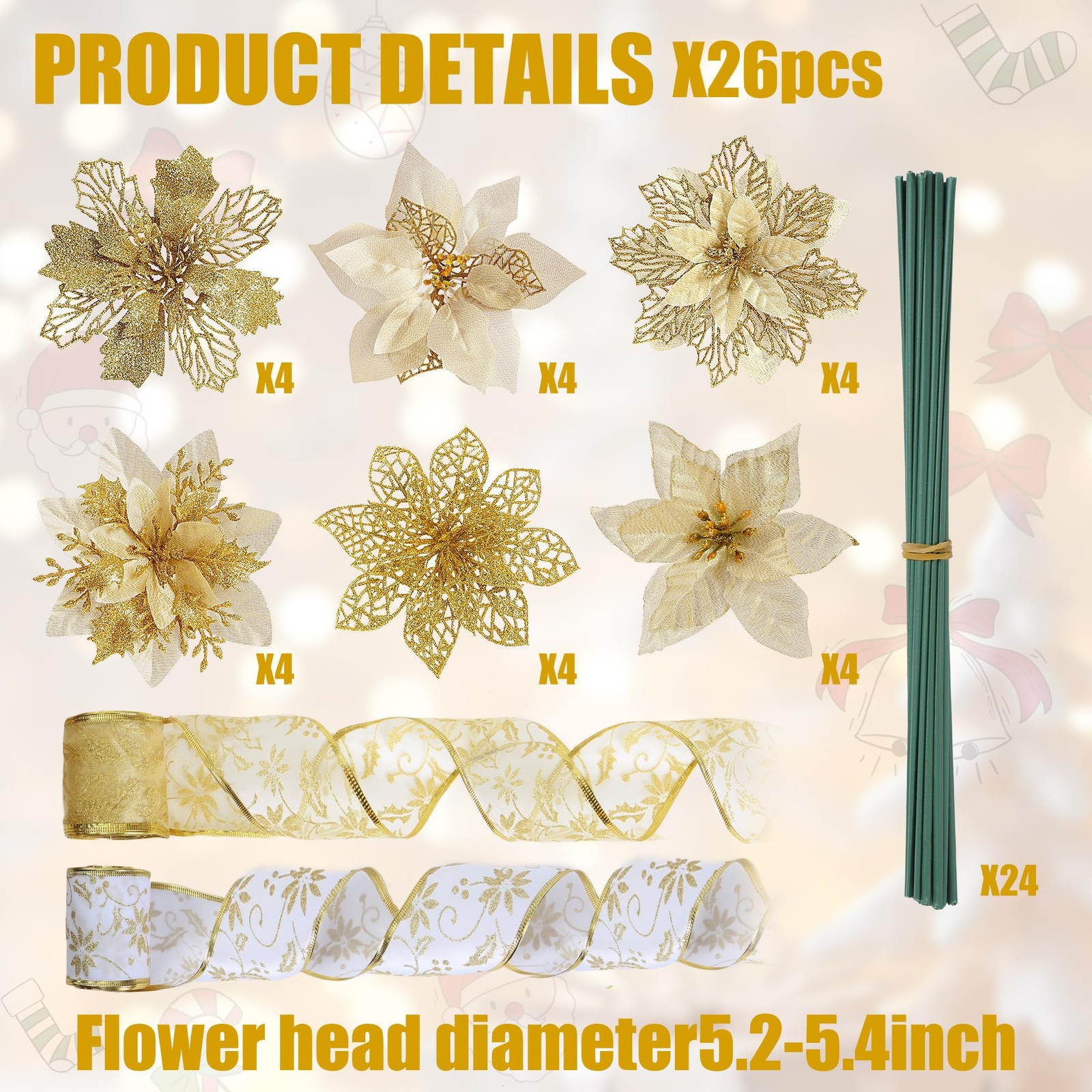 26 PCS Christmas Glitter Poinsettia Artificial Tree Ornament 16 Yd Ribbon