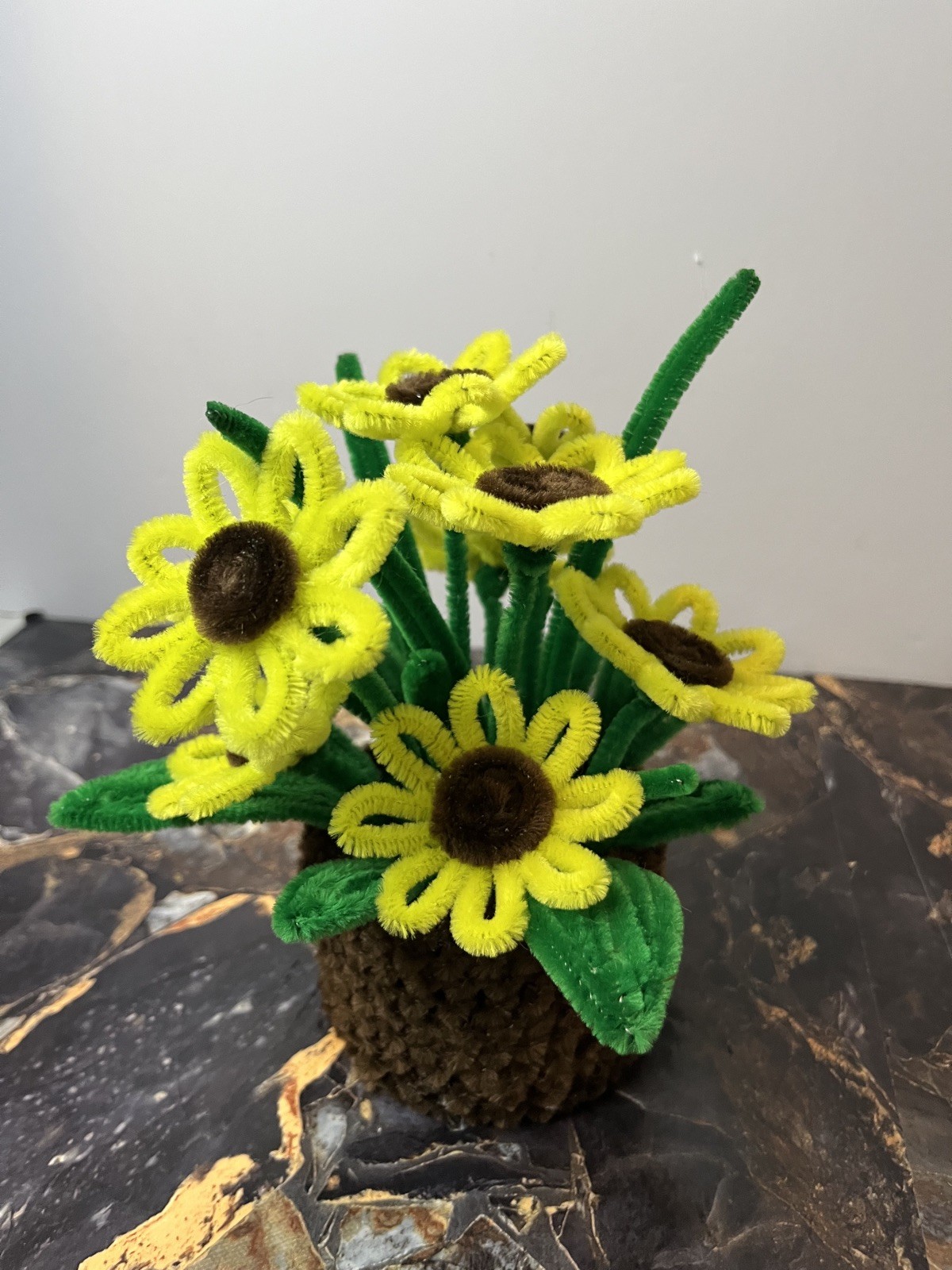 Yellow Sunflower Bouquet in Pot – Pipe Cleaner Flowers, Handmade Gift