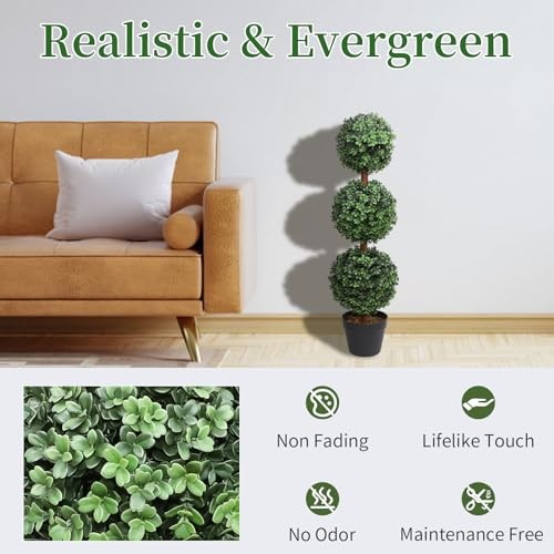 Artificial Topiary Ball Tree, 35inch Fake Topiaries Triple Ball Dark Green