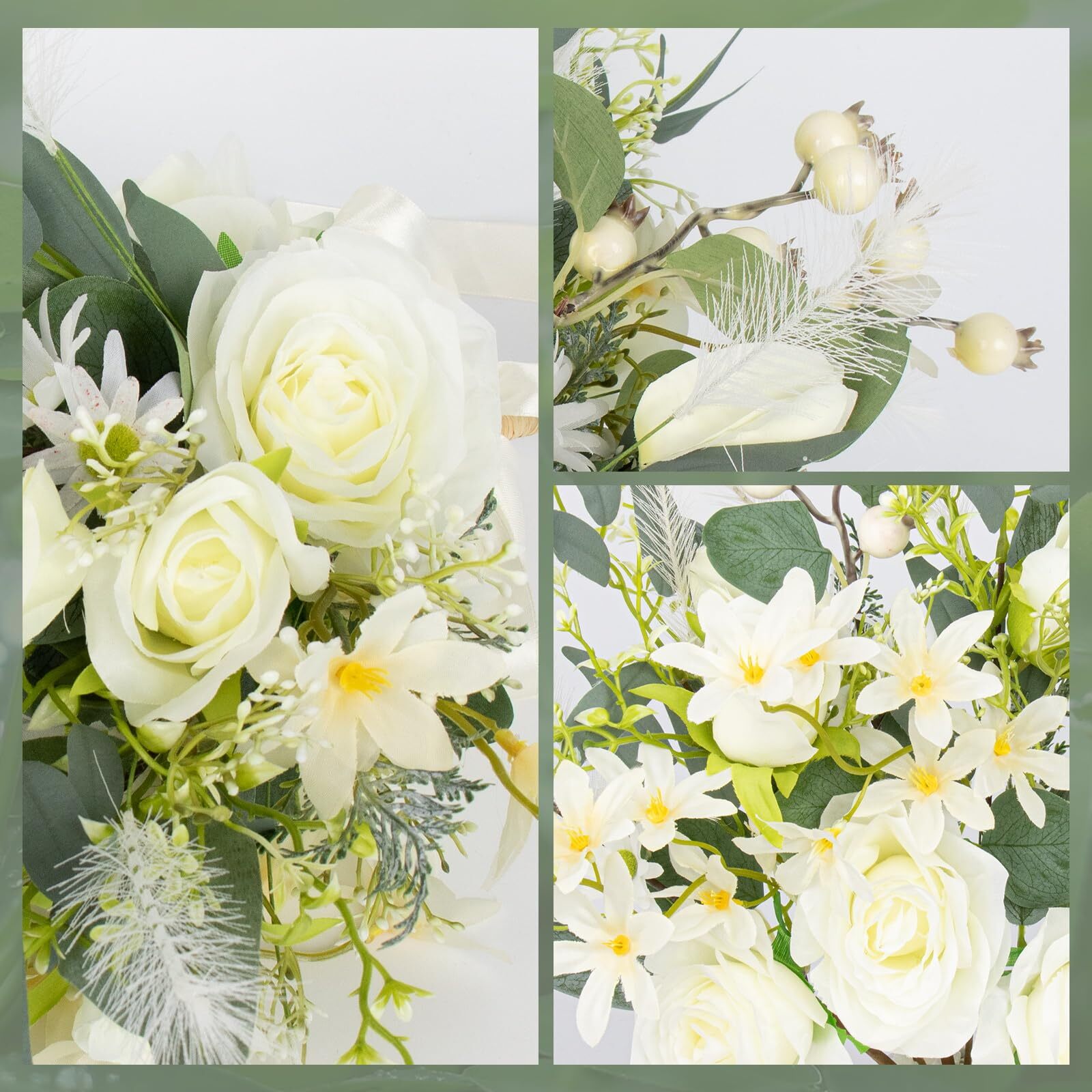 Silk Flower Bouquet, 6 Stems, Rose & Berries, Home Decor (White)