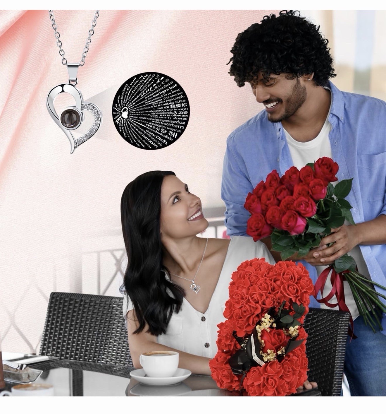 K KYMAKE Rose Bear Gift Set w/ Bouquet 100 Languages I Love You Necklace