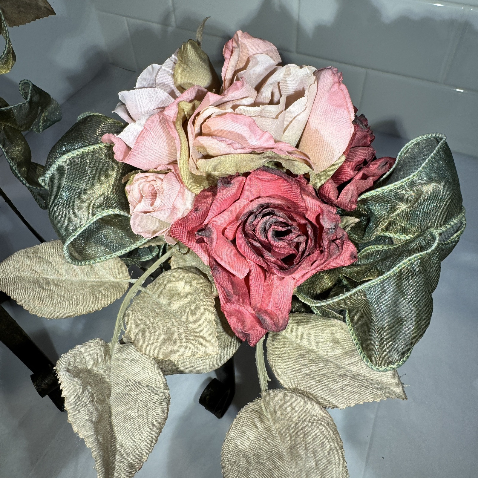 Artificial Pink/Dusty Rose/moss Flower FAUX Bouquet w Iron Legs Green Ribbon