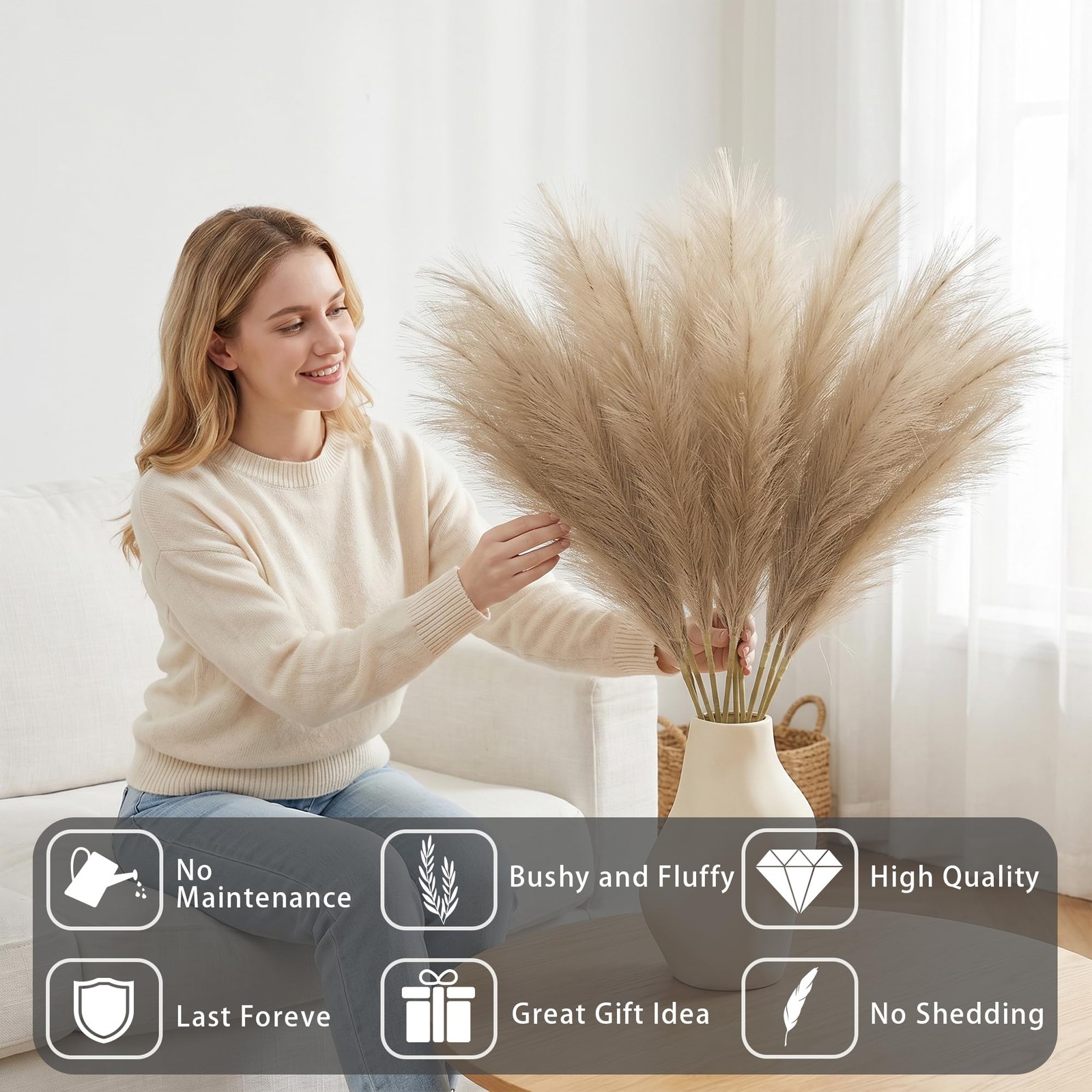 8 PCS 35.4 Inch Brown Tall Pampas Grass Decor Large Artificial Vase Filler