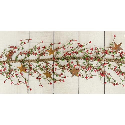 40″ Pip Berry Garland w/ Rusty 2″ Stars – RED GREEN – Christmas Holiday