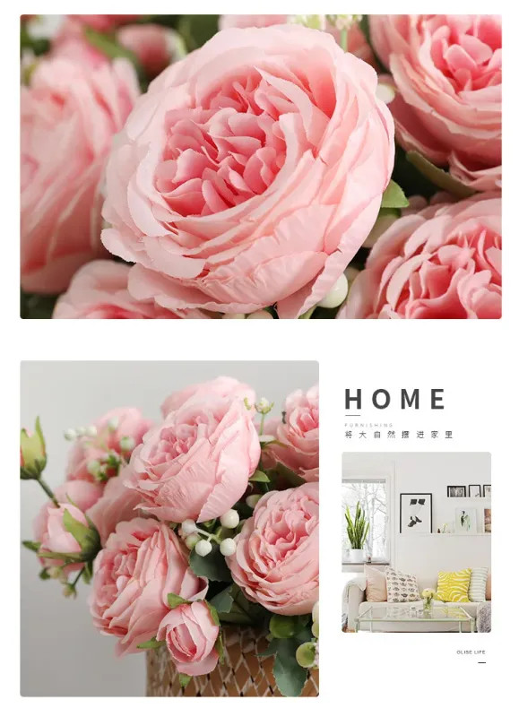 30cm Rose Pink Silk Peony Artificial Flowers Bouquet 5 Big Head and 4 Bud Cheap