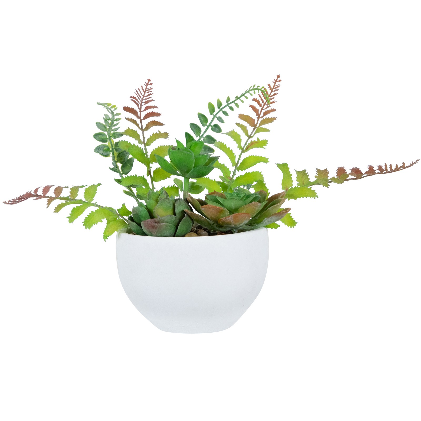 11.5″ Artificial Mixed Red and Green Succulent and Fern Plants in a White Crackl