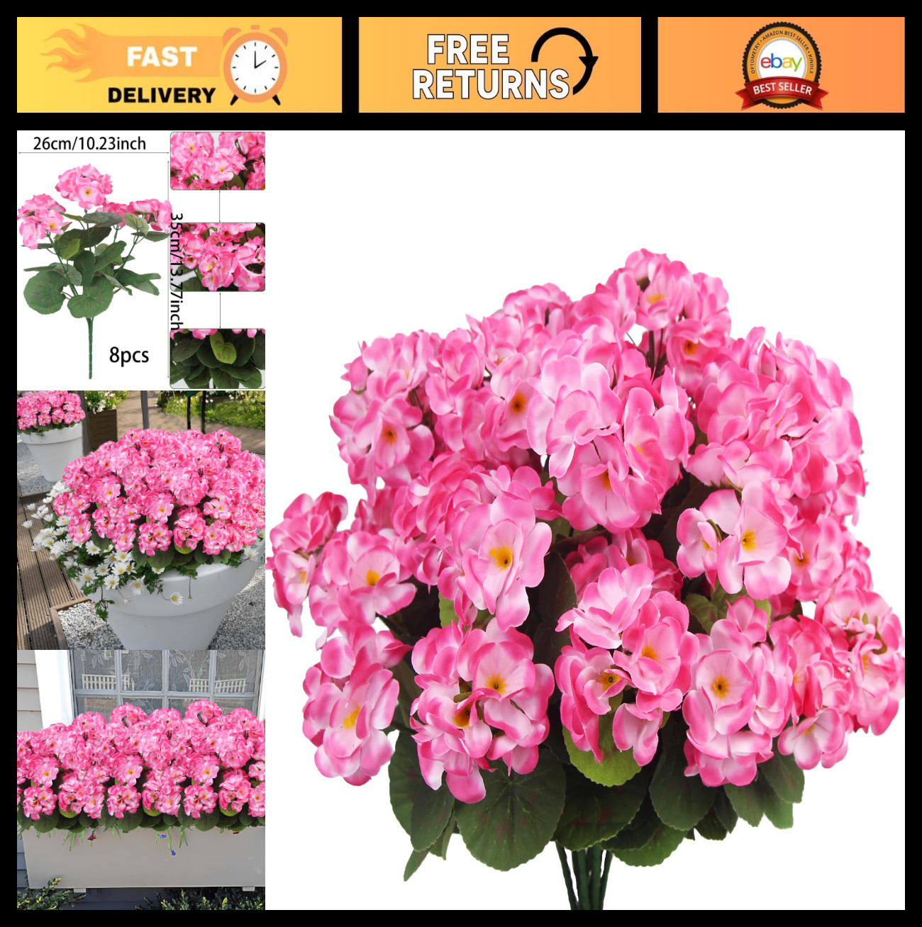 8 Pcs Pink Artificial Geraniums – UV Resistant Faux Flowers for Home, Garden, Pa
