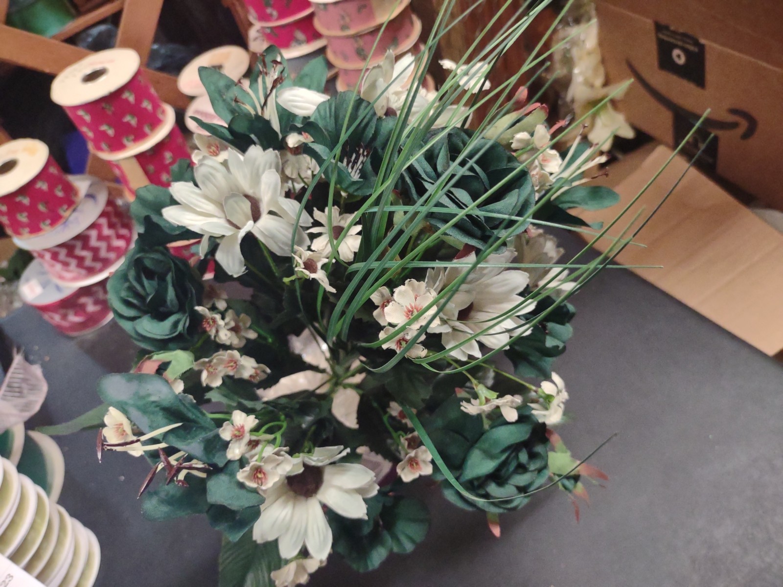16″ Silk Floral Arrangement Bush, 14 Stems, Rose/Daisy/Tiger Lily, Hunter Green