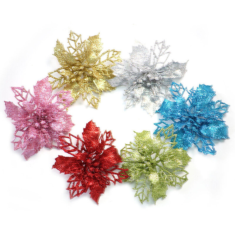 10/5pcs Glitter Christmas Poinsettia Hanging Flowers Xmas Party Tree Decorations