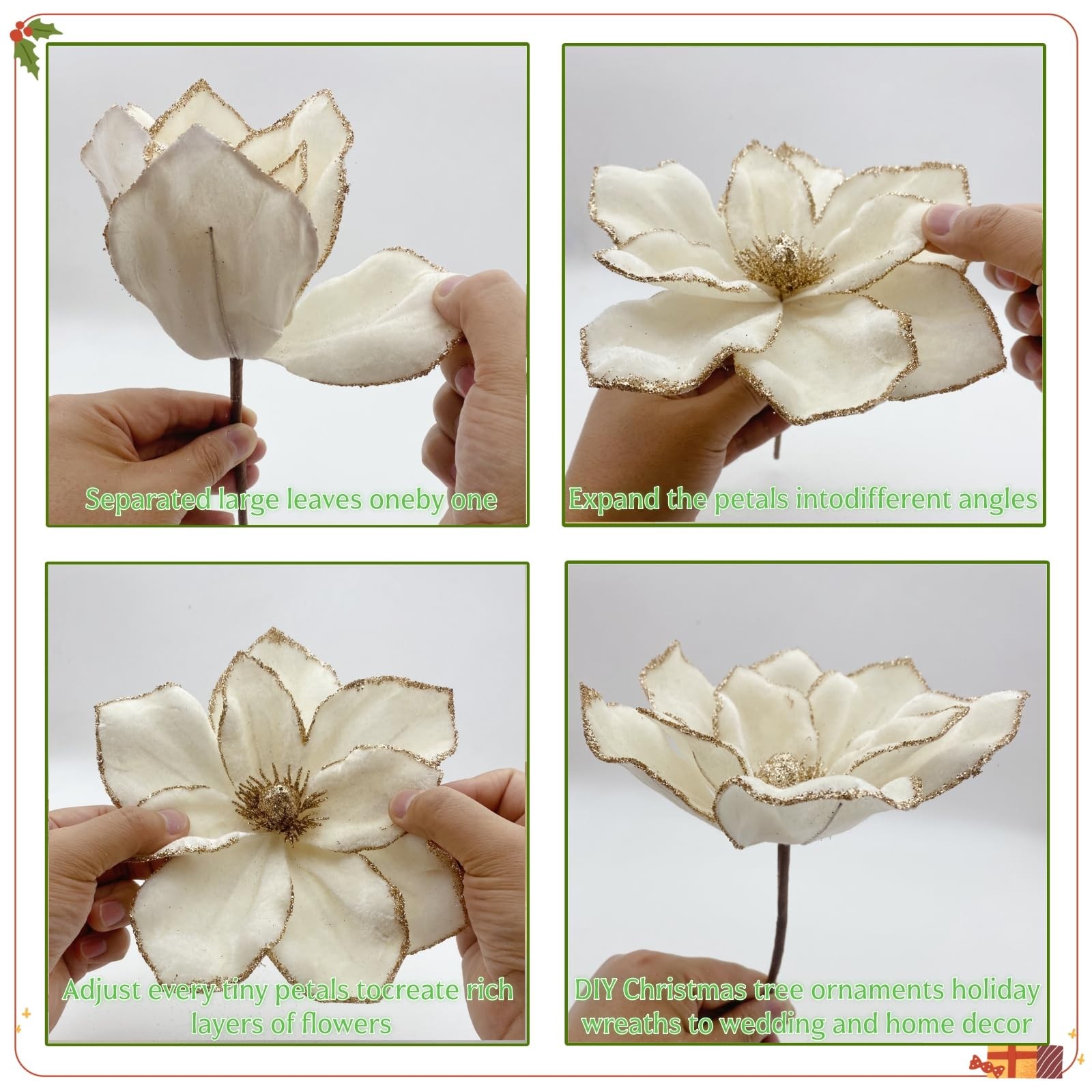12 PCS 6.3 Inch White Christmas Velvet Poinsettia Magnolia Flower Ornaments
