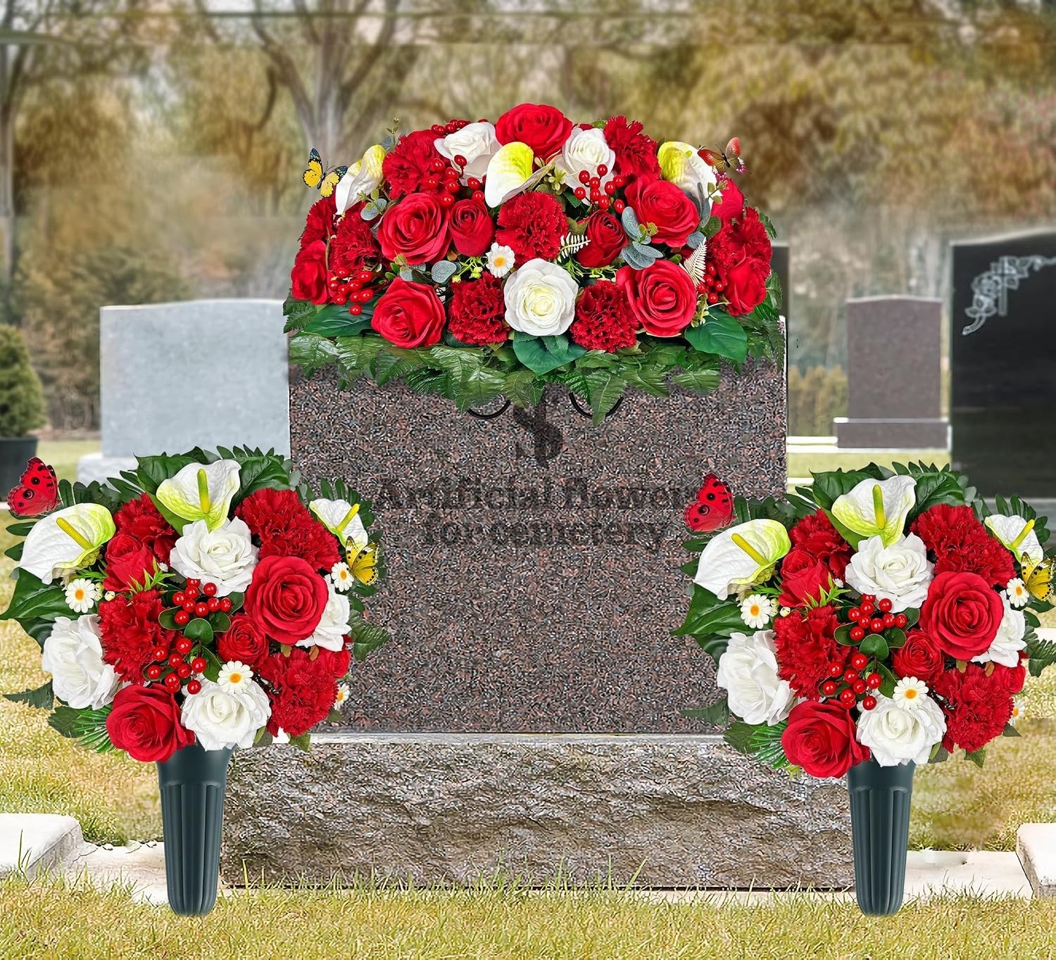 Artificial Cemetery Flower with Vases for Grave Decoration, 3PC,Red Rose Carn…