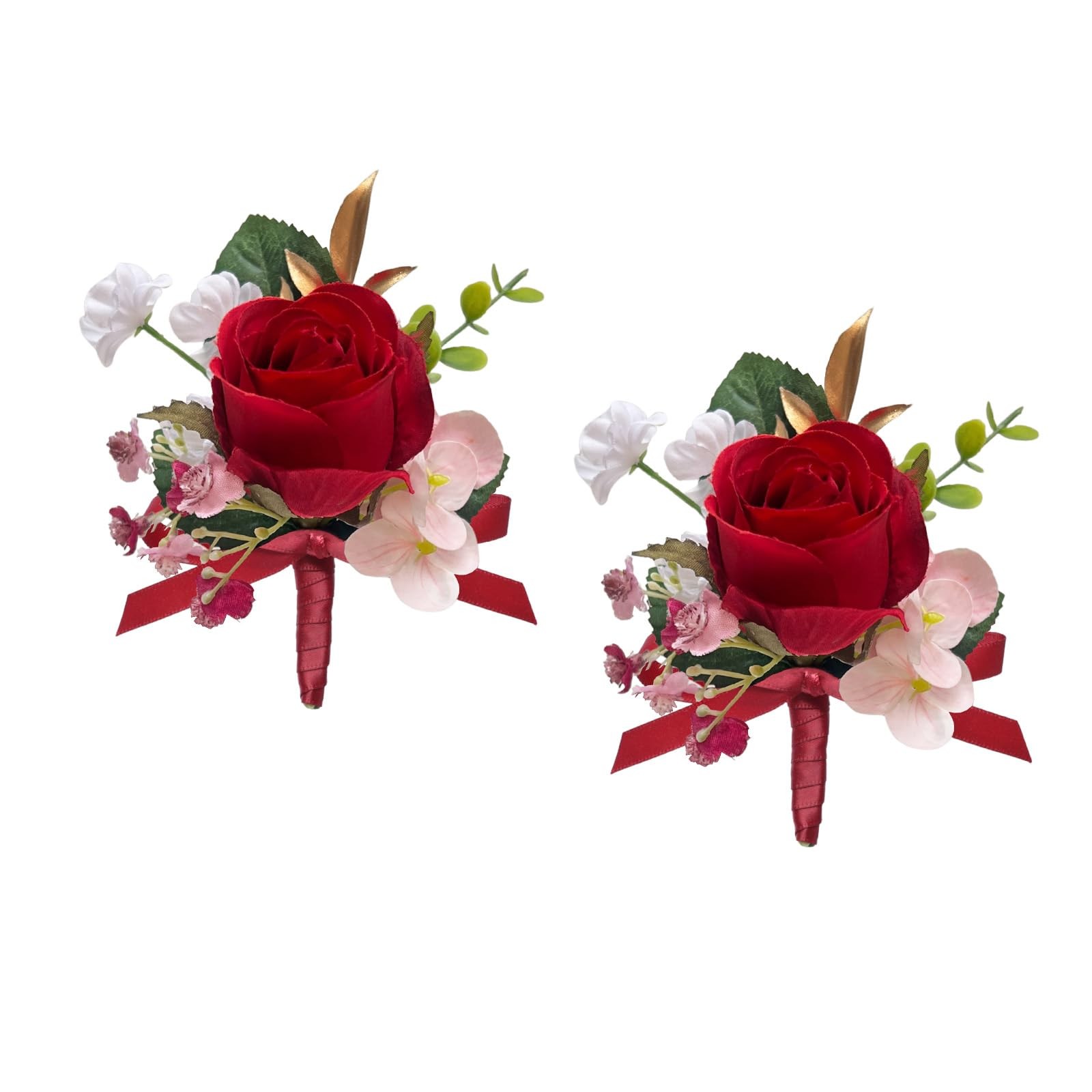 2 PCS Rose Red Boutonniere Men Artificial Flowers Wedding Groom Prom
