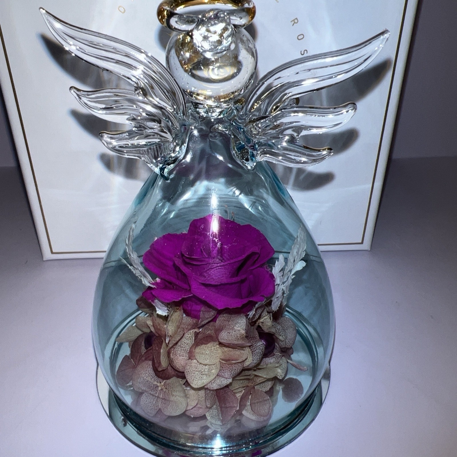 Alunob The Only Eternal Rose Last Forever Angel Blown Glass blue Gift open box