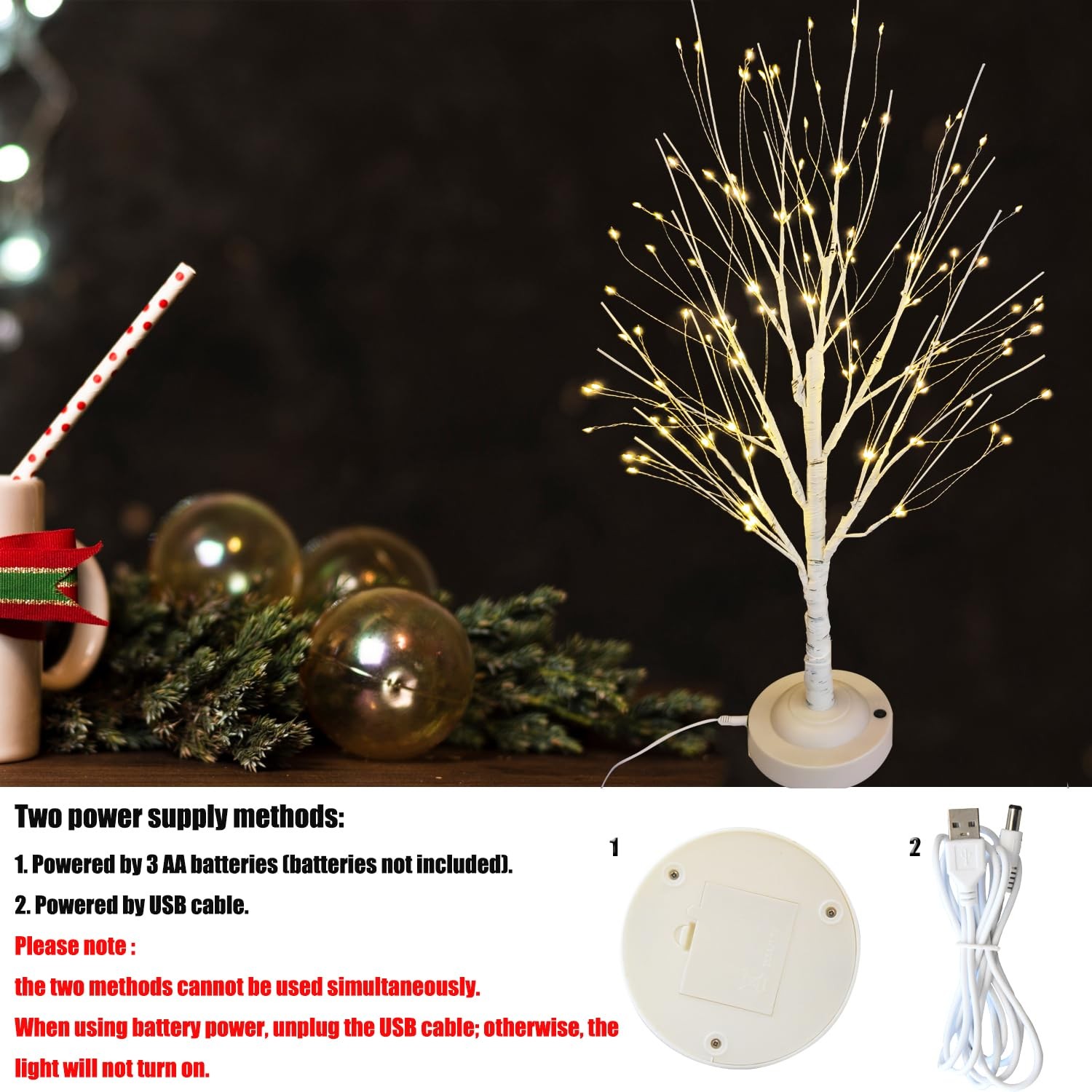 2 Ft 144 LED Artificial Bonsai Tree Lamp Warm White Fairy Light USB Battery