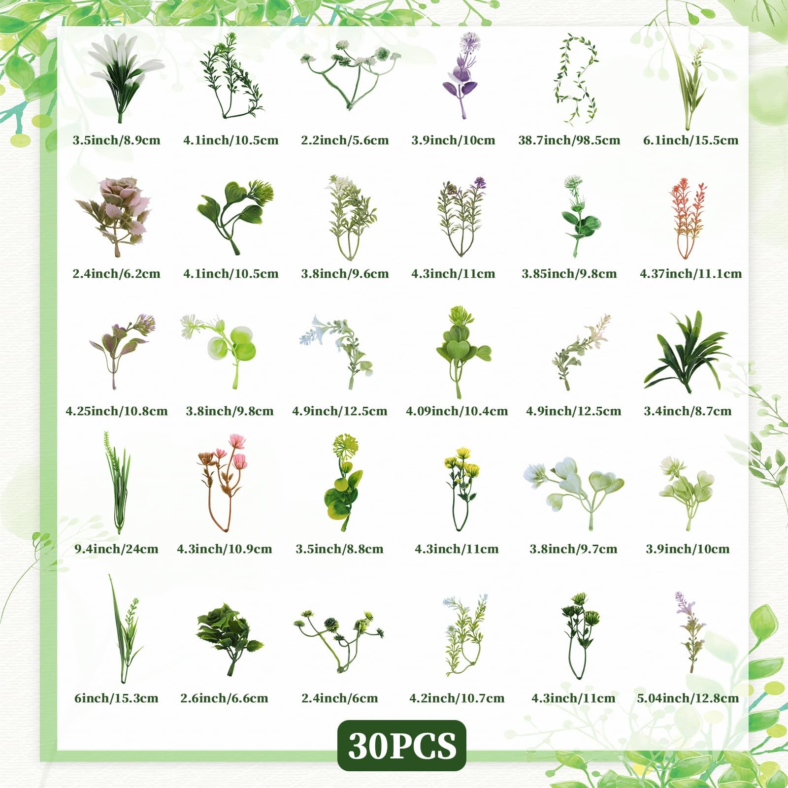 30 Pcs Mini Fake Green Leaves Artificial Flowers Set, Multiple Shapes Artific…