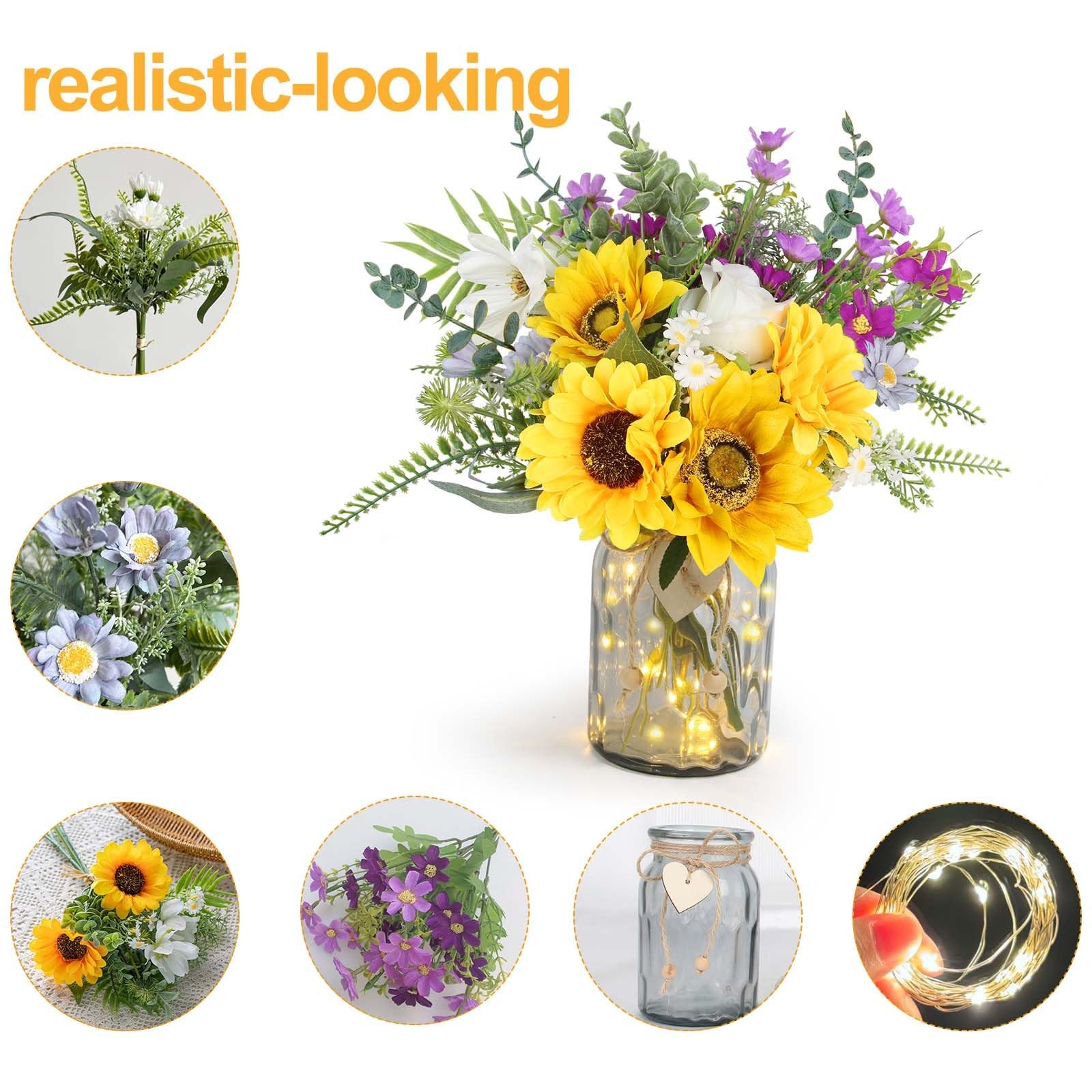 Sunflower Fake Flowers in Vase, Sunflowers Lavender Artificial Flowers with V…