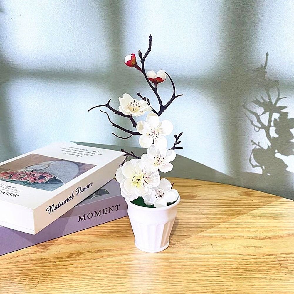Realistic Artificial Plum Blossom in Pot for Living Room Bedroom For Desk
