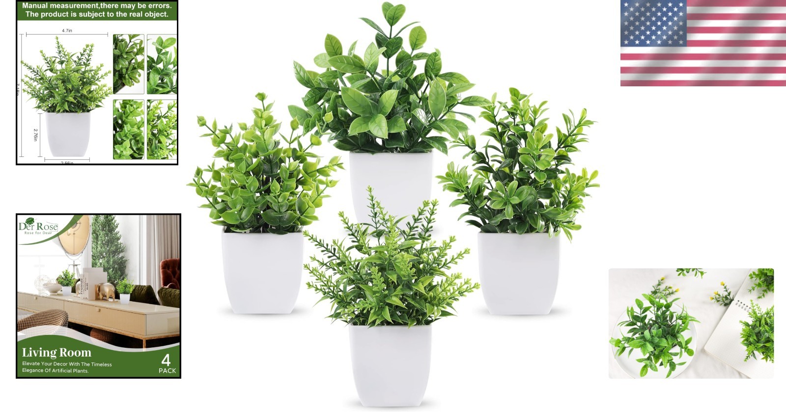 Durable Dust-Resistant Artificial Greenery – 4 Mini Potted Plants Bundle