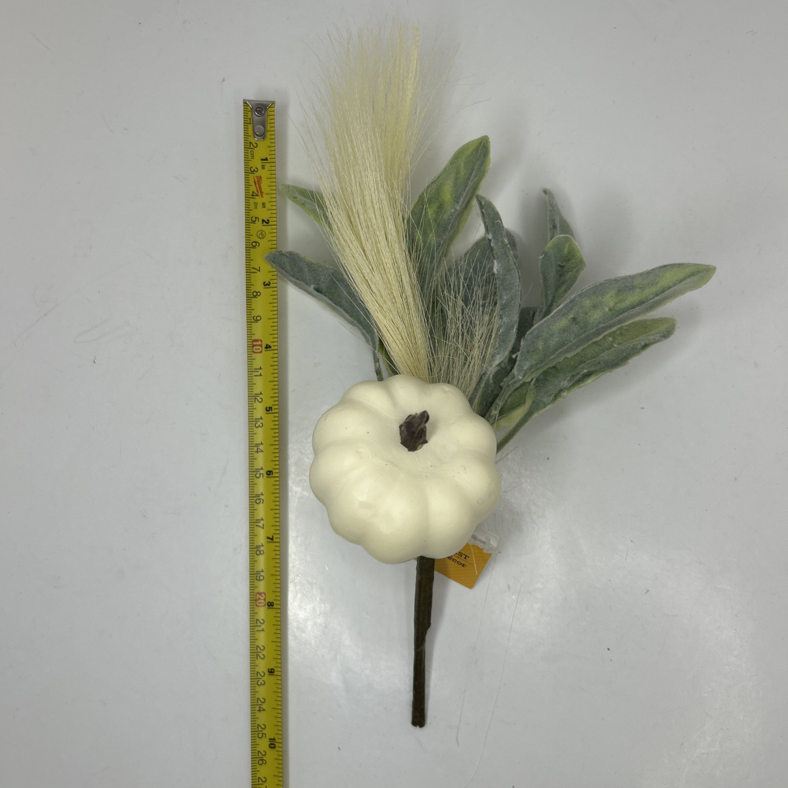 10 Artificial Fall Pumpkin Floral Pick W/Faux Lambs Ear & Feather Grass