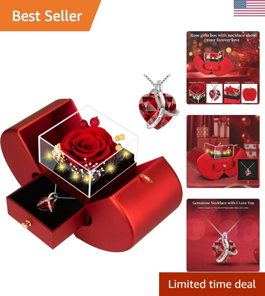 Preserved Real Red Rose with l Love You Necklace Forever Flowers Rose Valenti…