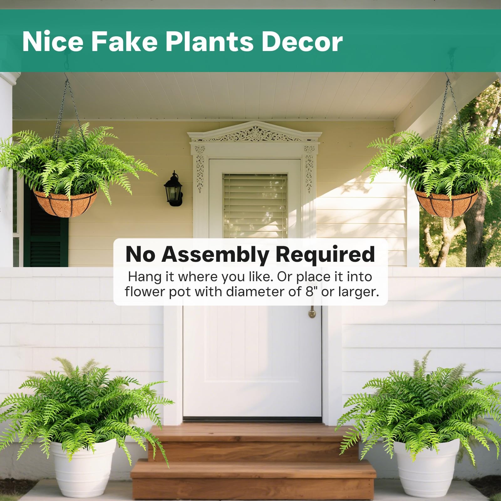 PABREY 2 Set Fake Ferns with Hanging Baskets, UV Resistant Fake Hanging Ferns…
