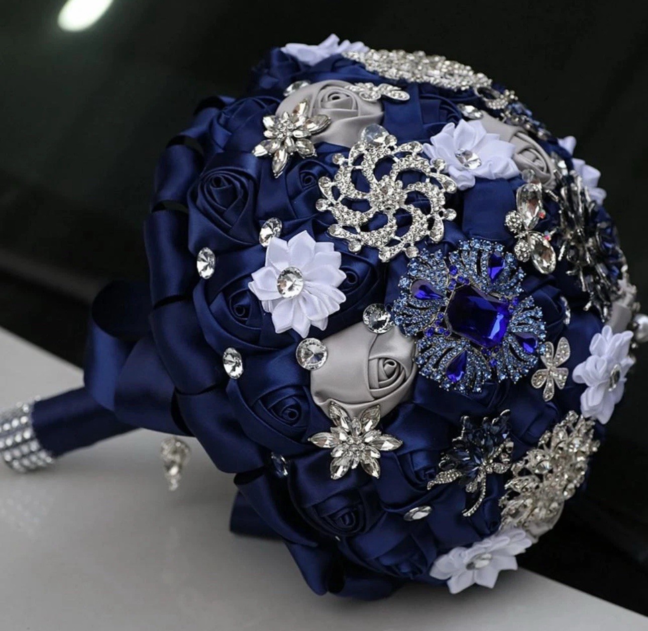 Quinceañera Bouquet with Luxury Bling Rhinestone Brooch Satin Rose Royal Blue