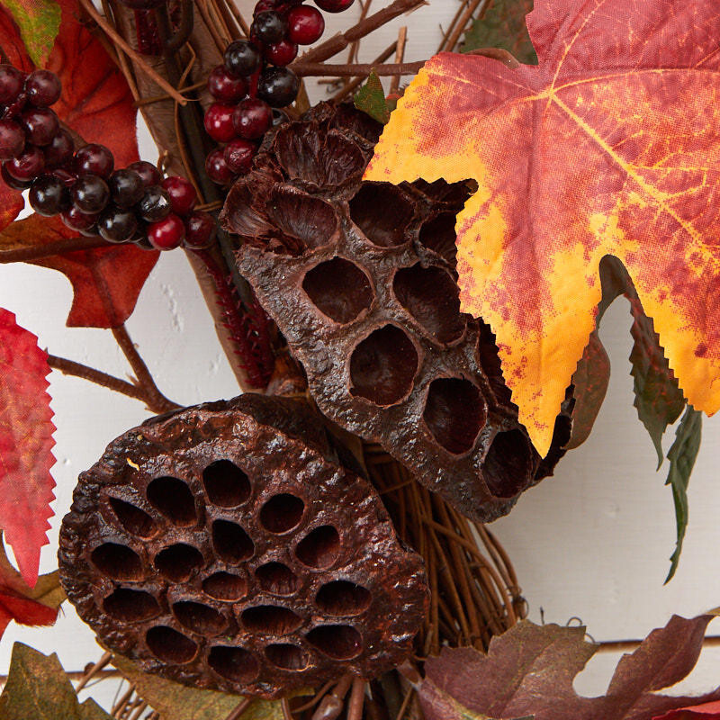 26″ Artificial Maple Leaf, Lotus Pod, and Berry Twig Wall Hanger