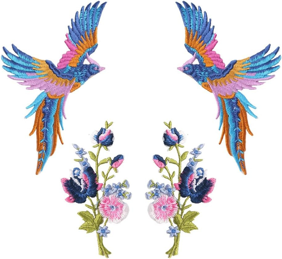 2Pair Durable Vivid Design Flower Phoenix Water Soluble Embroidered Applique Pa