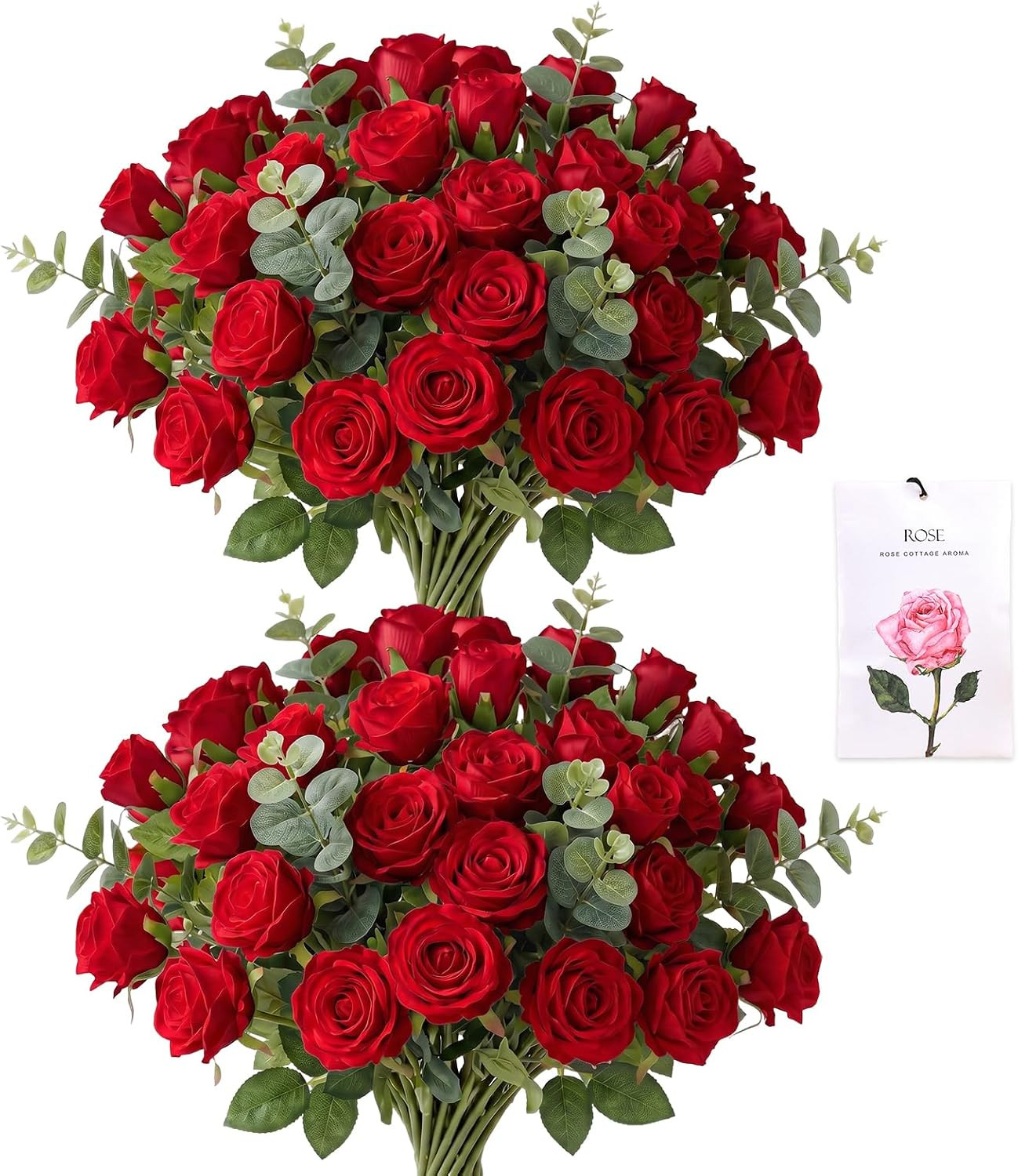 50 Pcs Artificial Roses +10 Eucalyptus + 1 Sachet (Rose Red) | Fake Velvet Silk