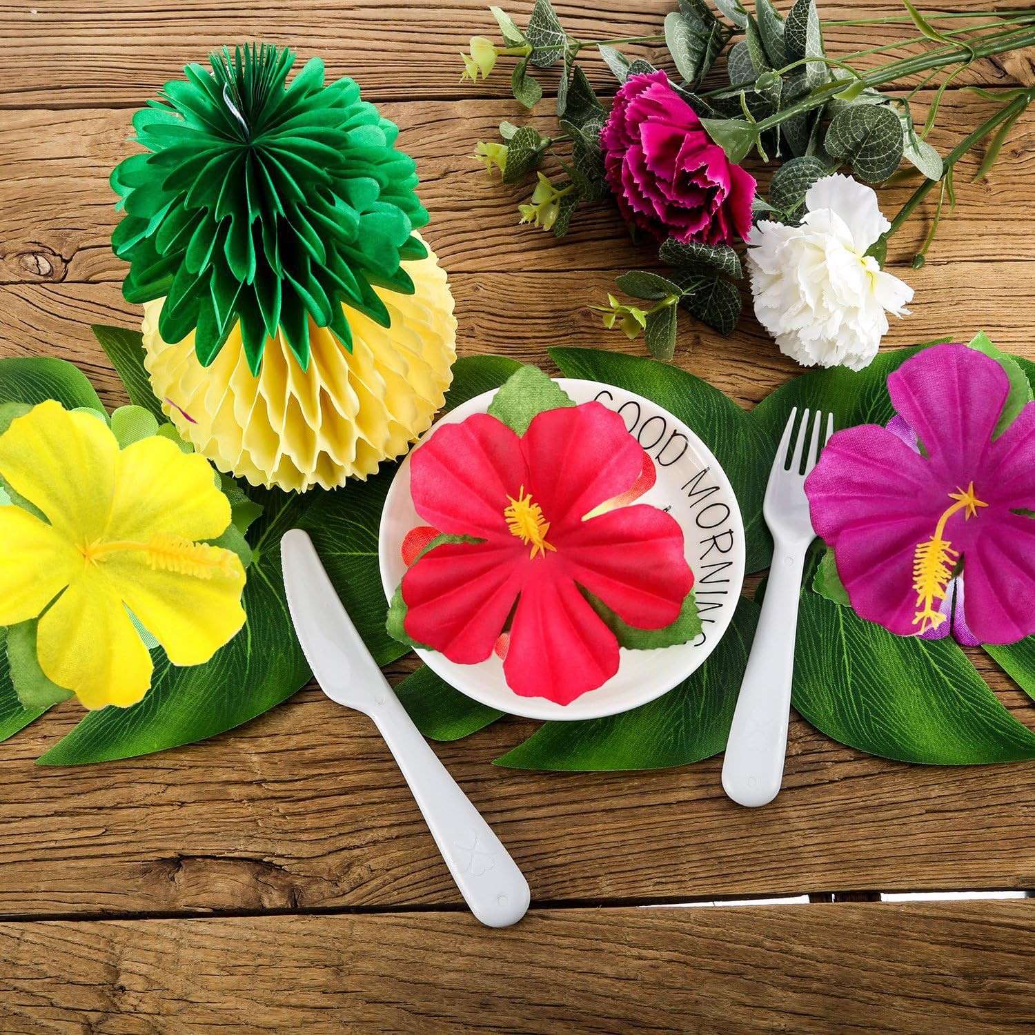 105Pack Artificial Palm Leaves Hibiscus Flowers Tropical Party Decorations Su…