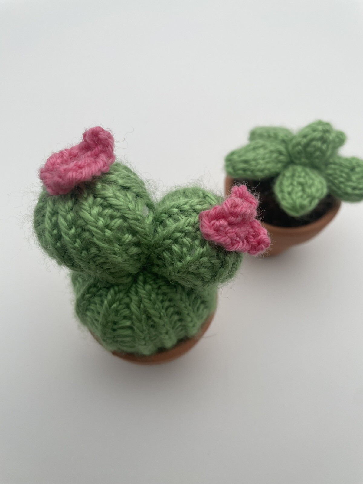 Two Small Knit Cactus Potted Plants Pink & Green In Small Terracotta Pots