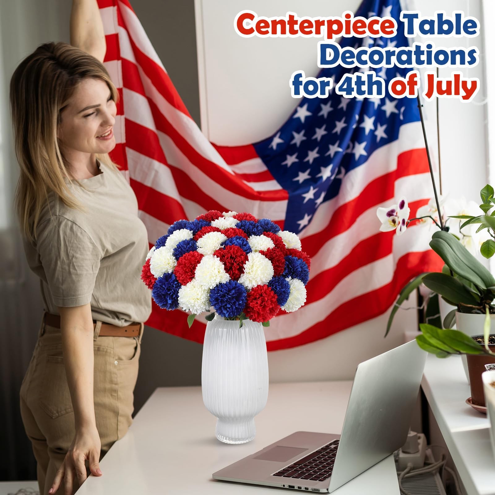 36 Pcs 4th of July Artificial Chrysanthemum Flowers 3.3″ Diameter Patriotic R…