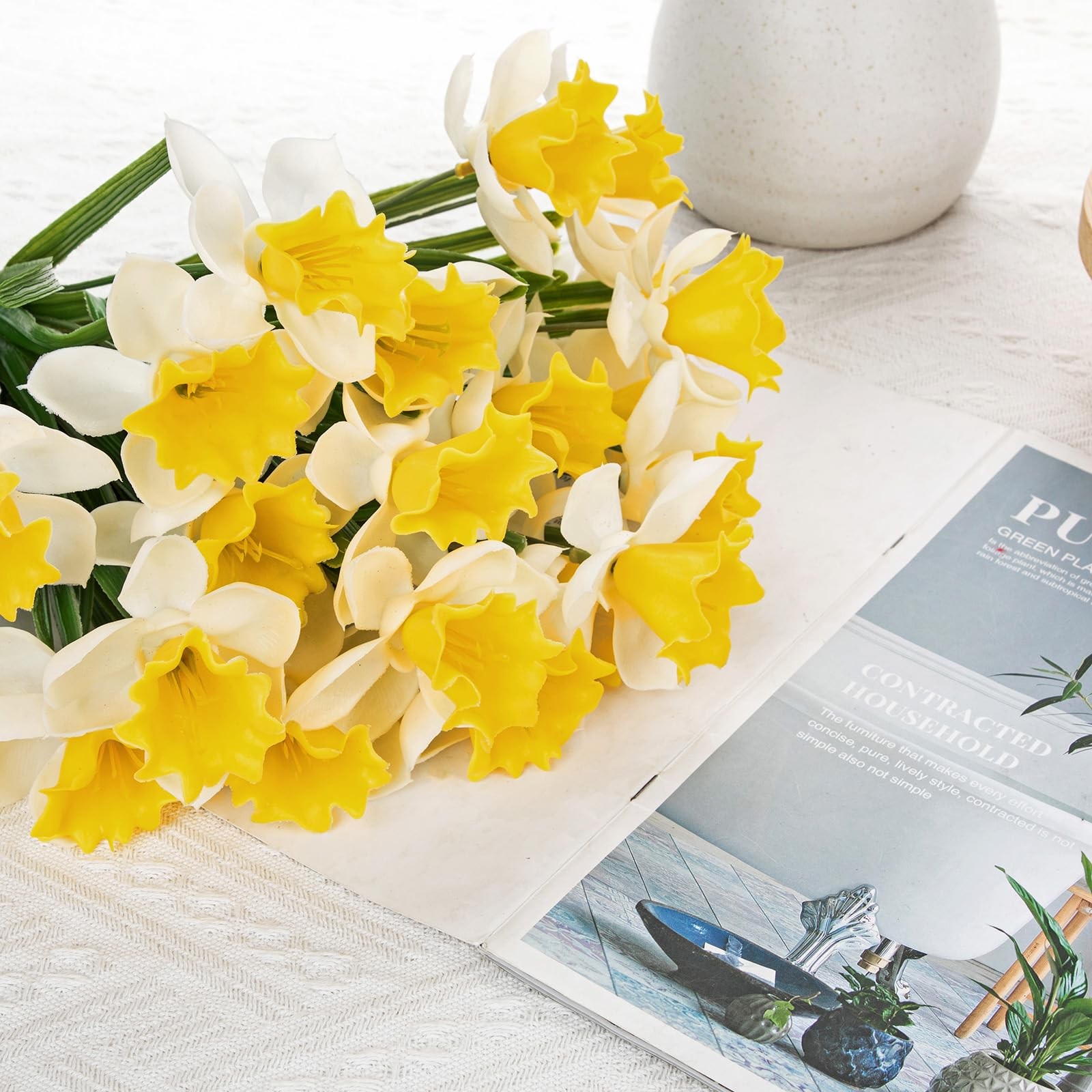 3 Bundles Daffodils Artificial Flowers, 15″ Faux Daffodils with 21 Flower Hea…