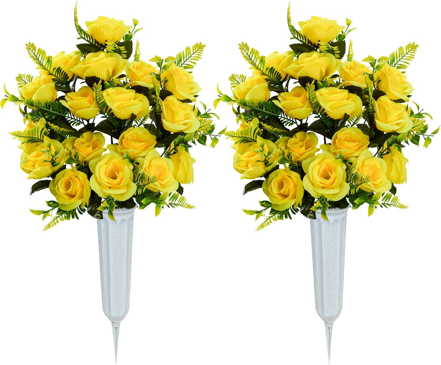 Artificial Cemetery Flowers with Vase, Set of 2 Artificial Rose Bouquet Graveyar