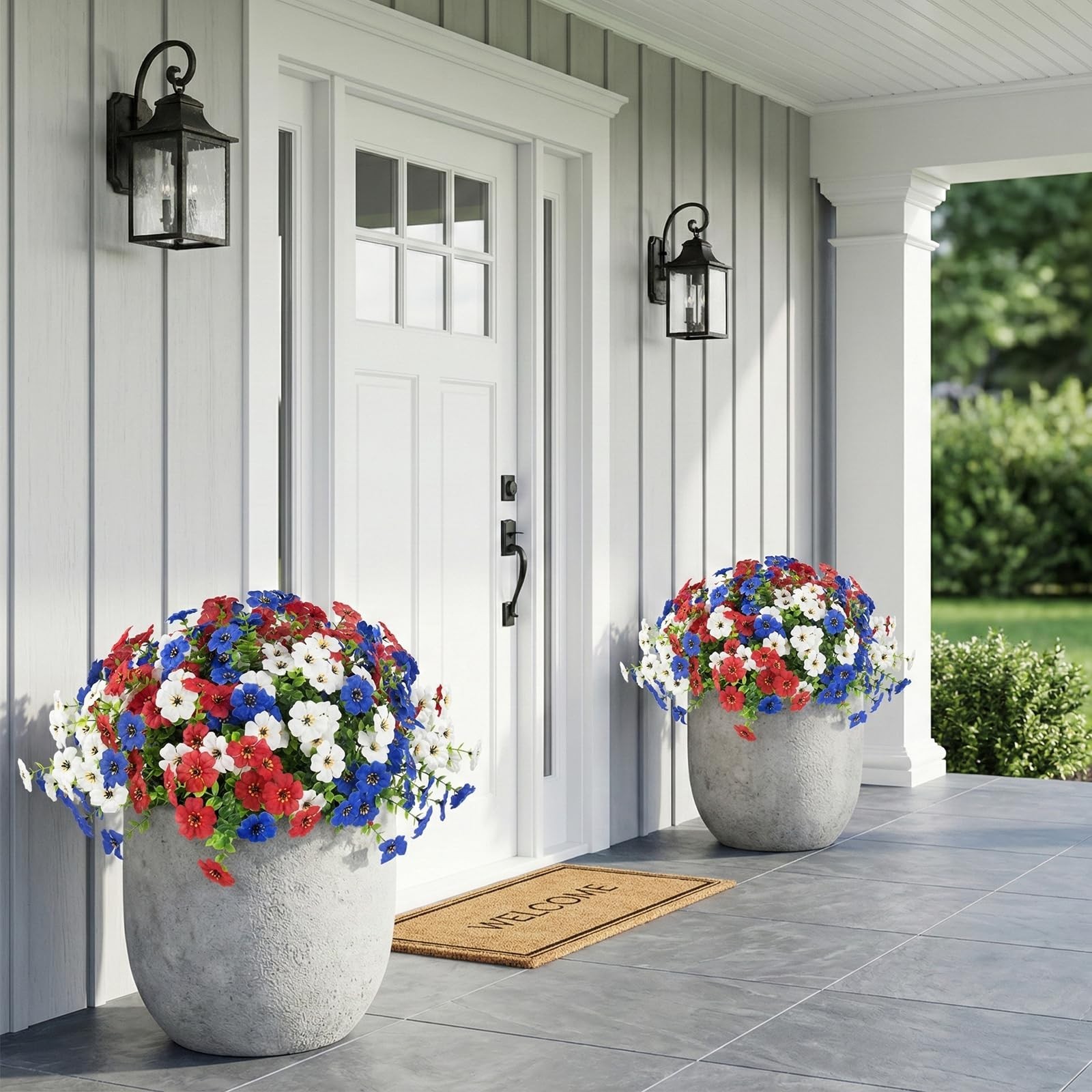 2 Set Artificial Outdoor Flowers with Hanging Baskets – 24 Patriotic Planters fo