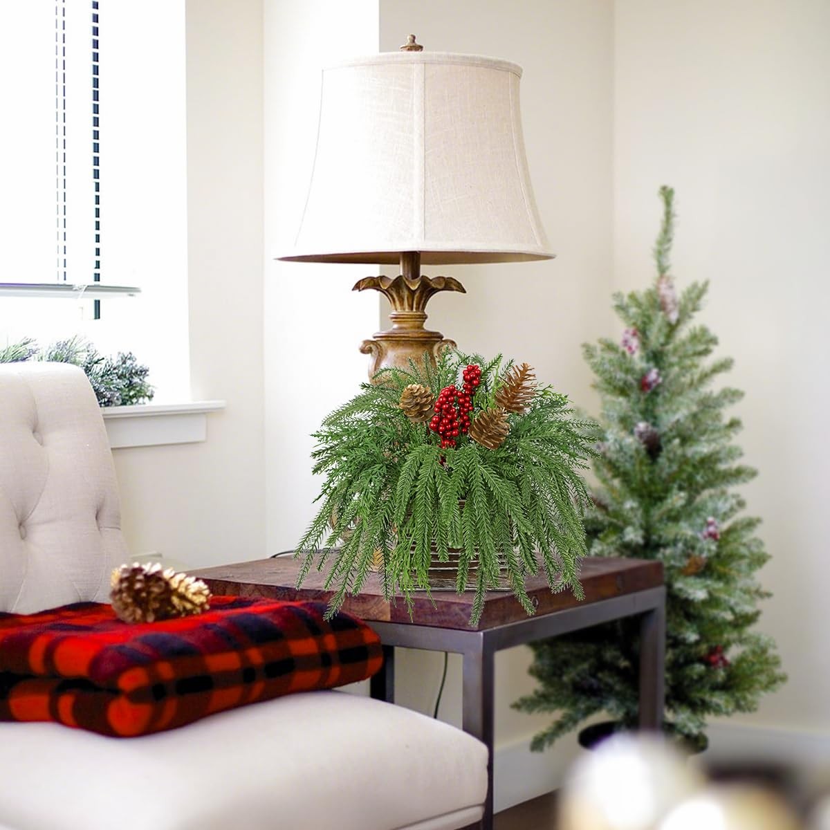 10 Inch Artificial Christmas Norfolk Pine Red Berries Pinecones Wooden Box Faux