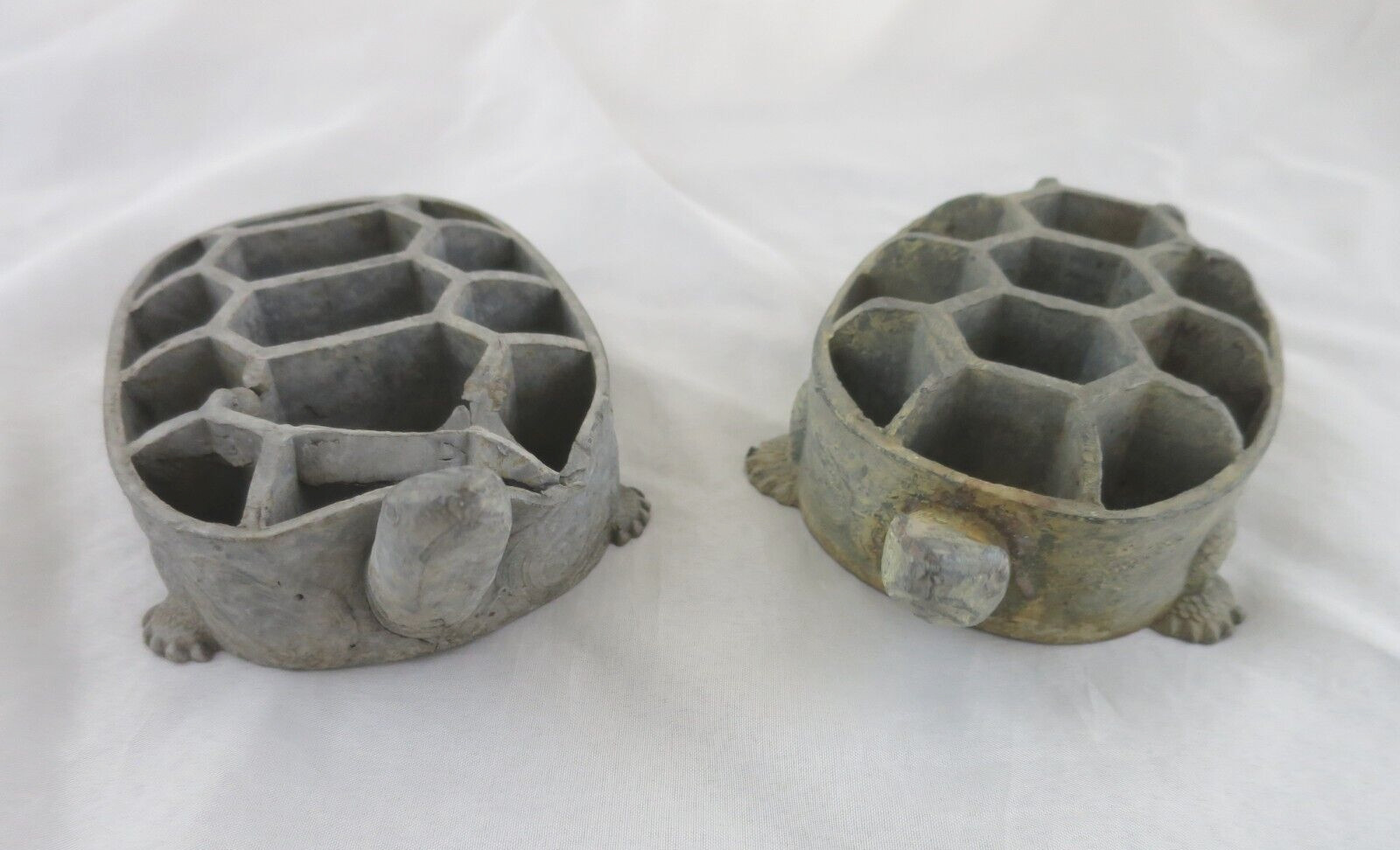 Vintage Metal Japanese Floral Frogs Turtle Shape Flower Arrangement Lot Of 2