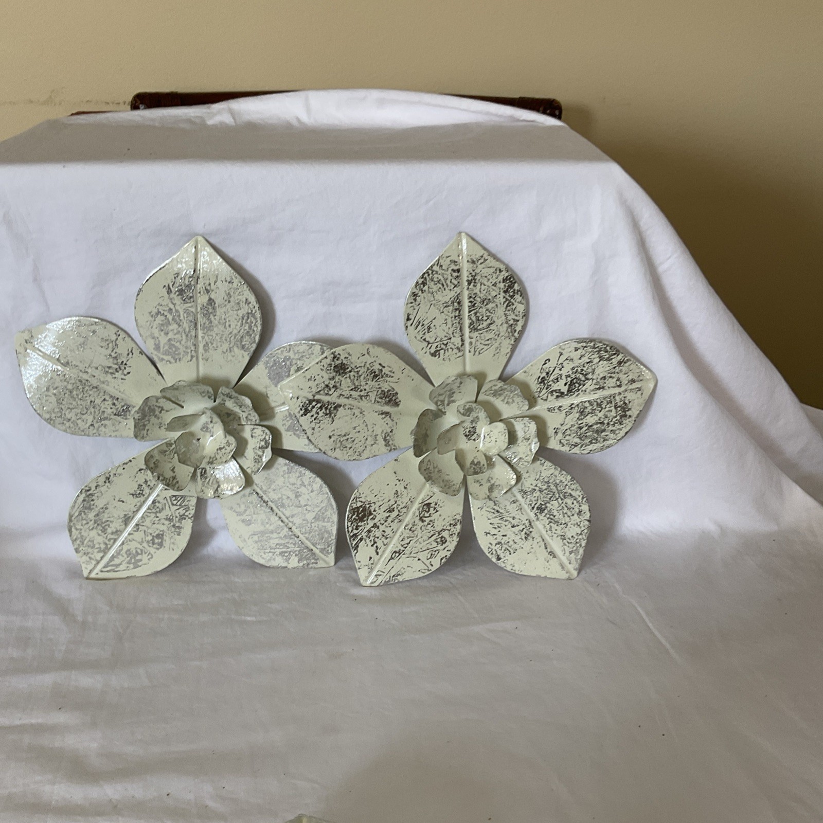 3 Layered Flower Petal Wall Decor In Silver & Off White 13” & 10” Dia Metal