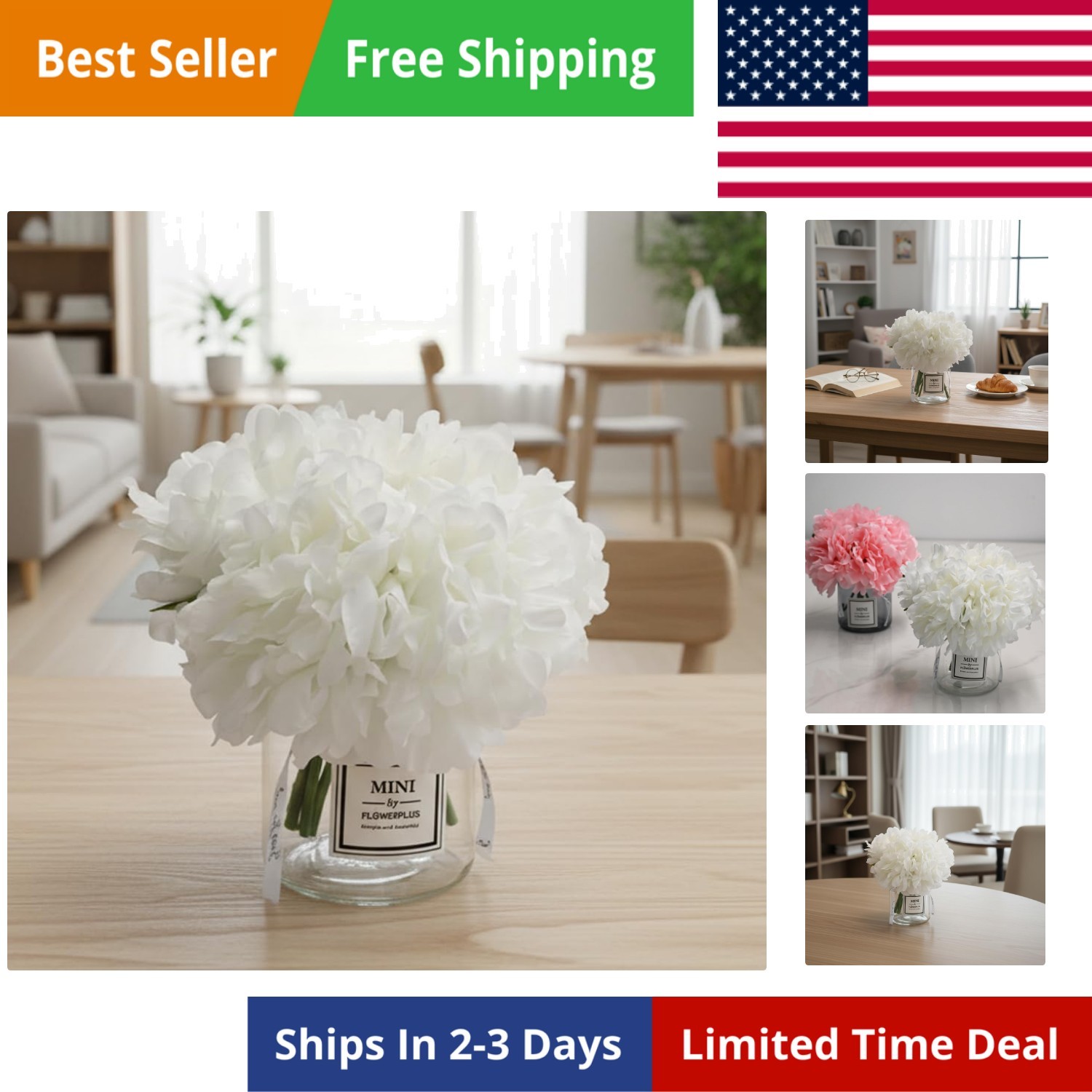 Artificial White Peony Bouquet in Mini Glass Vase – Faux Floral Arrangement f…