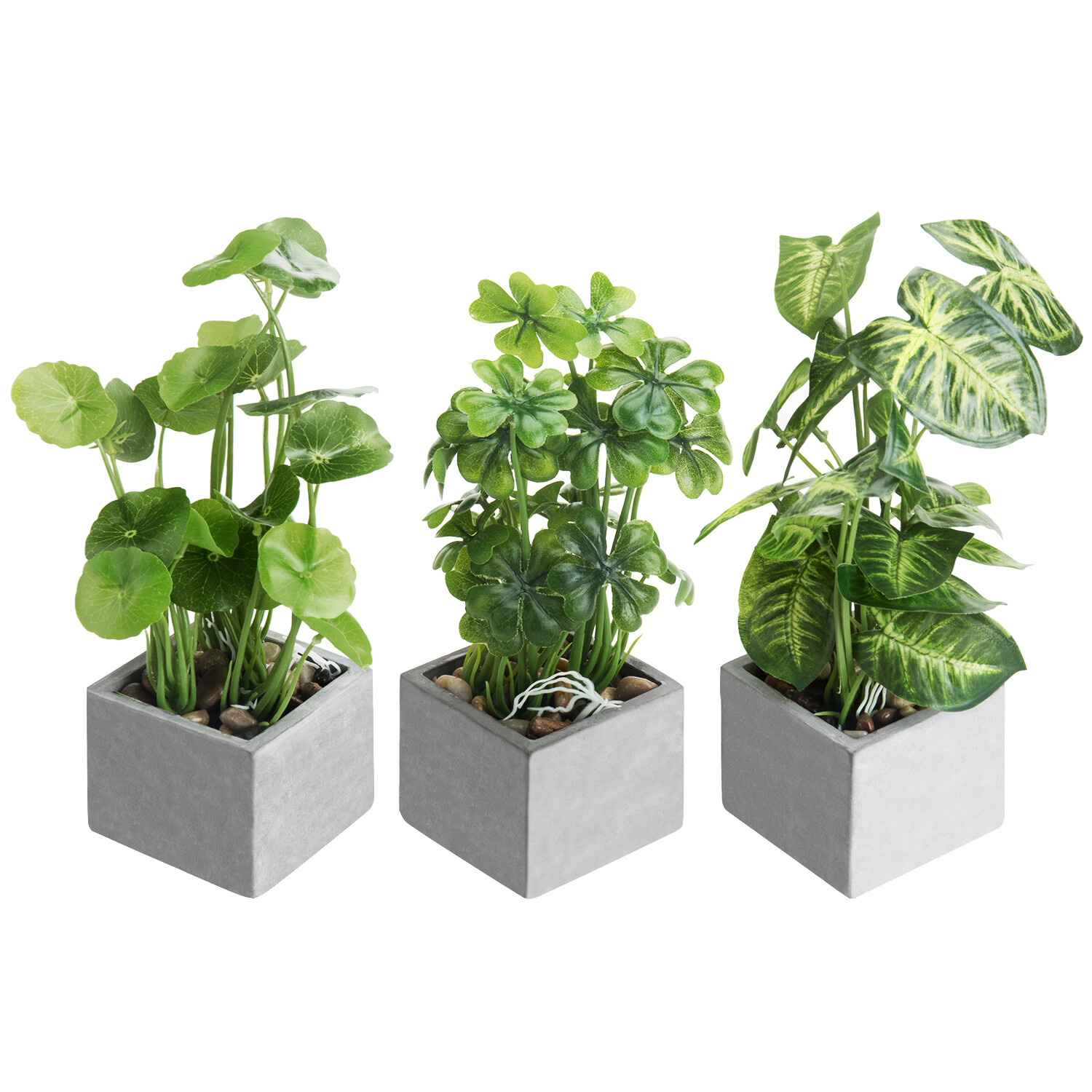 MyGift Set of 3 Artificial Faux Greenery Plants in Gray Square Cement Planters