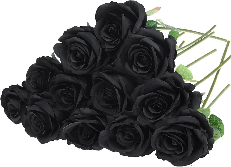 Felice Arts 12 Pack Black Roses Artificial Silk Flowers, Realistic Fake