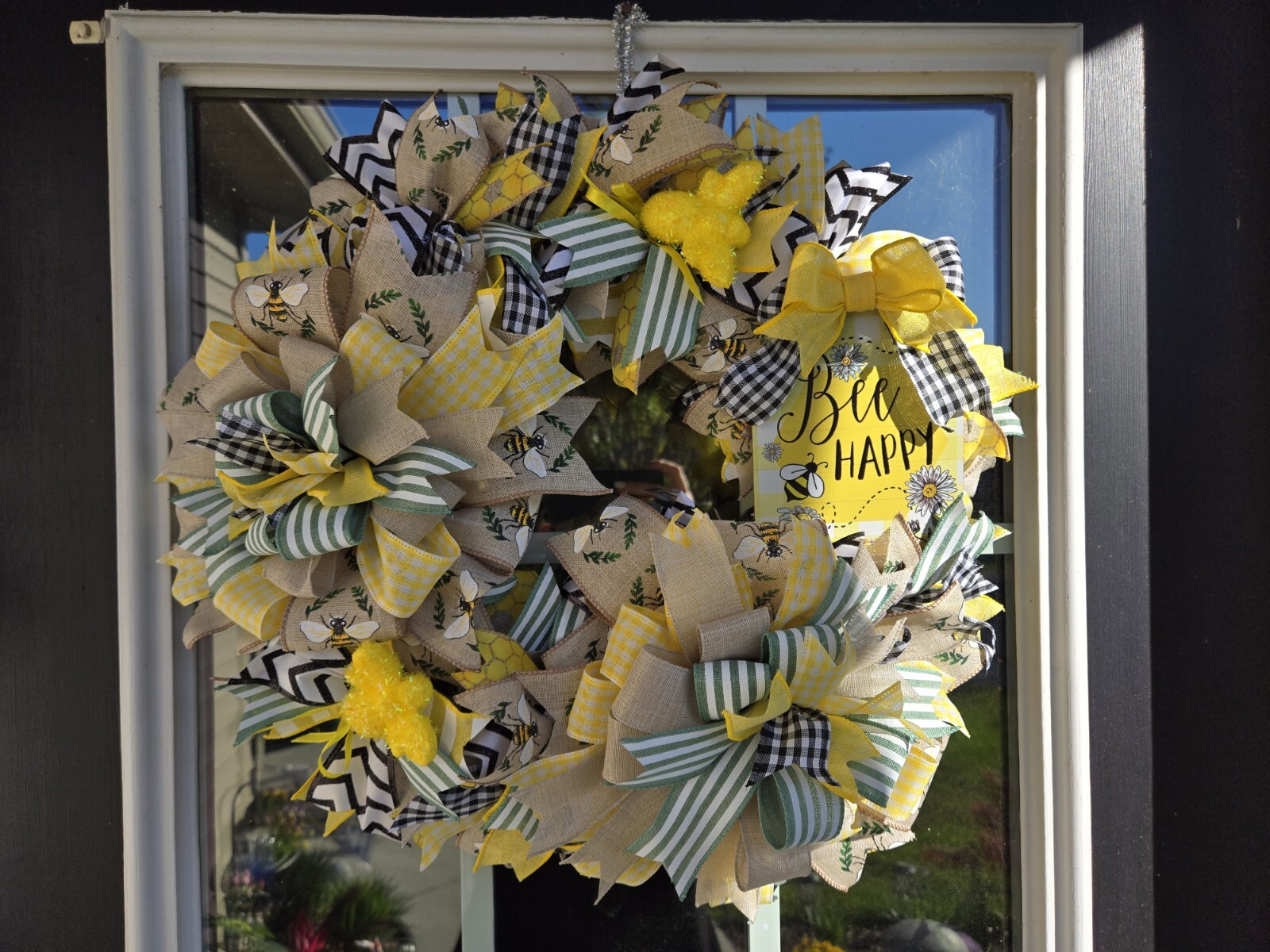 BEE happy WELCOME Spring Summer Fall Front Door Wreath Wall Decor Yellow Green
