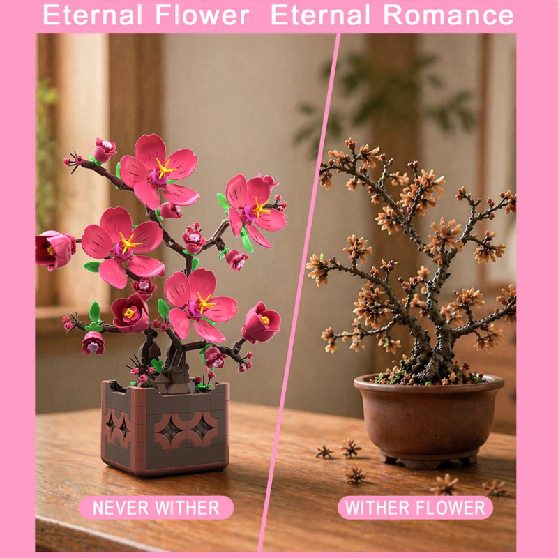 Pink Peach Blossom Potted Plant Building Block Set Diy Flower Model Decoration