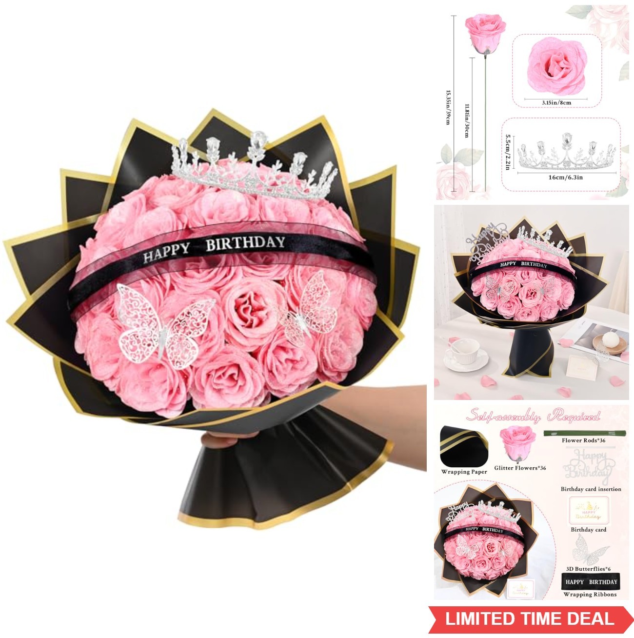 DIY Glitter Rose Bouquet 36 Pink Fake Flowers Wrapping Paper Ribbon Birthday