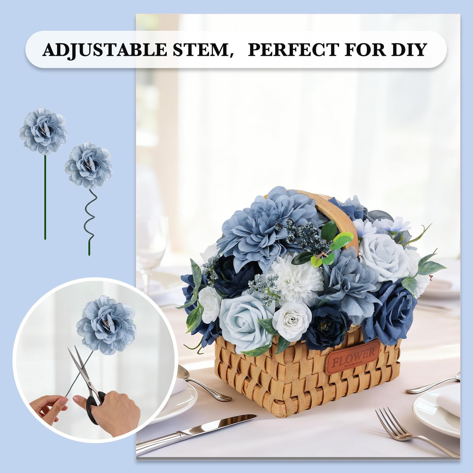 Dusty Blue Artificial Flowers Combo Silk Fake Rose Box Set Wedding DIY